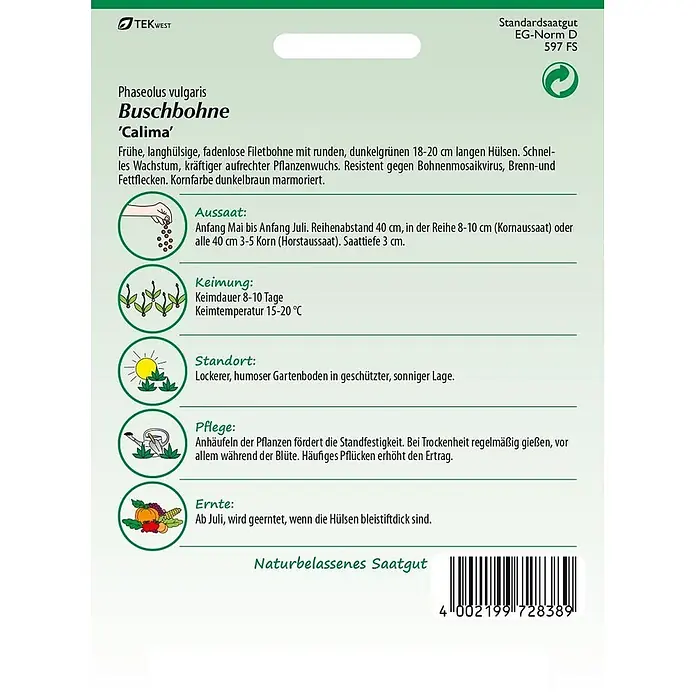 Samen Pfann Saatgut Buschbohne, Calima (Filetbohne) - Phaseolus vulgaris, 6,2 g - Samenpäckchen für Buschbohne 'Calima' mit Pflanzanleitung und Produktinformationen.
