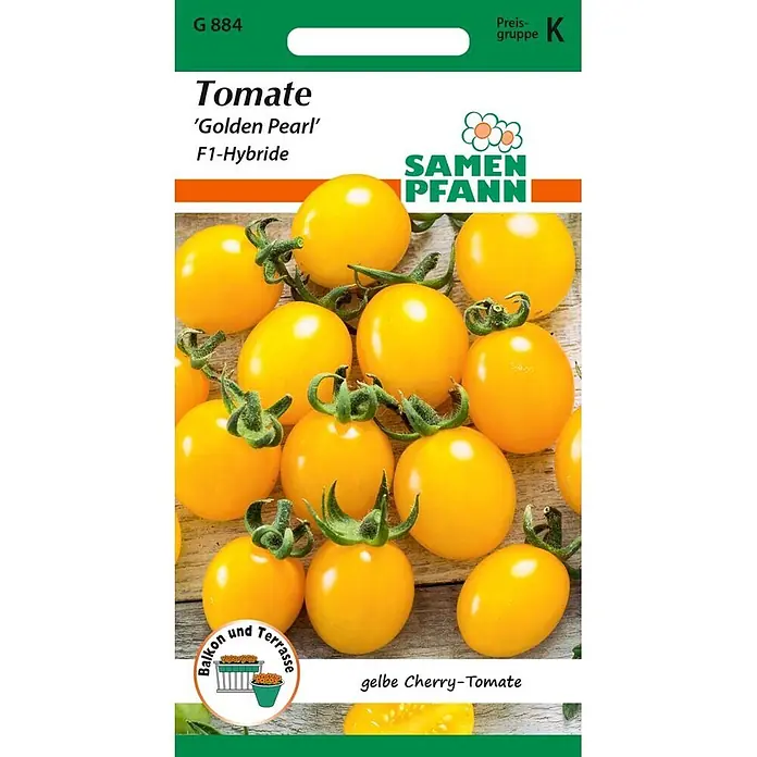 Samen Pfann Saatgut Cherry-Tomate, Golden Pearl F1 - Solanum lycopersicum, var. Golden Pearl F1, 1,6 g - Samen Pfann Samenpackung für 'Golden Pearl' F1-Hybride gelbe Cherry-Tomaten, mit Abbildung der reifen Früchte.