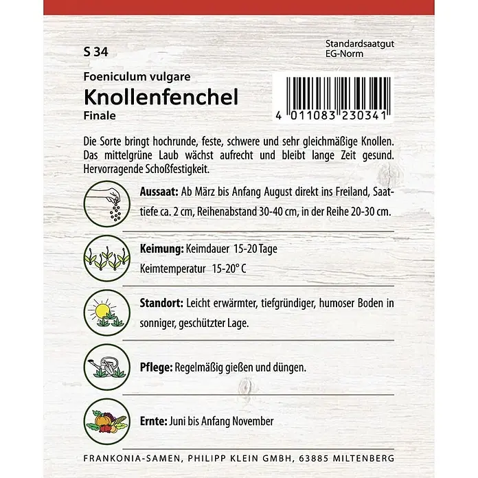 Frankonia Samen Saatgut Knollenfenchel, Finale - Foenicuum vugare, 1,48 g - Samentüte für 'Knollenfenchel Finale' mit deutschen Anweisungen zu Aussaat, Pflege und Ernte.