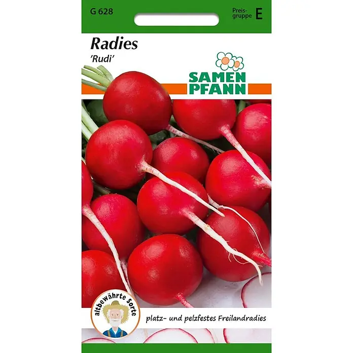Samen Pfann Saatgut Radies, Rudi - Raphanus sativus, 1,9 g - Radieschensamen 'Rudi' Packung mit roten Radieschen und Text.