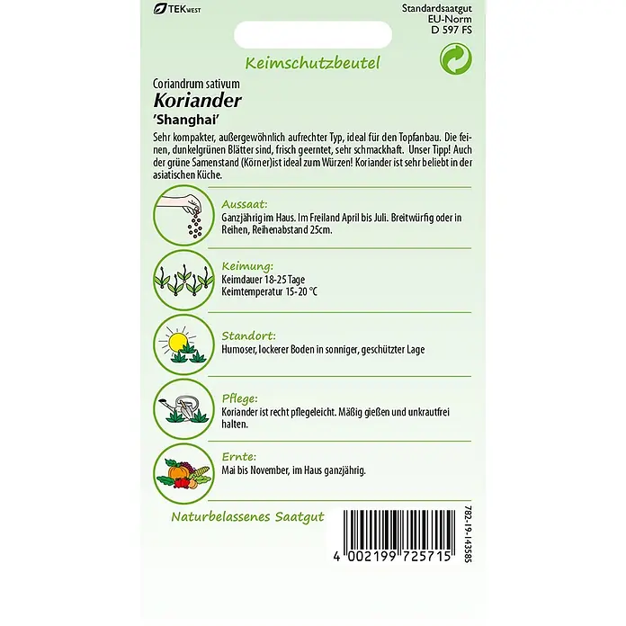 Samen Pfann Saatgut Koriander, Shanghai - Coriandrum sativum, 1,6 g - Grünes und weißes Samenpäckchen für Koriander 'Shanghai' mit Anbauanleitung und Barcode.