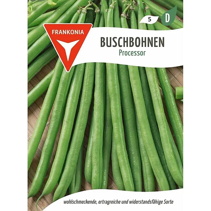 Frankonia Samen Saatgut Buschbohne, Processor - Phaseolus vulgaris, 5,67 g - Frische grüne Buschbohnen mit Produktetikett 'Frankonia Buschbohnen Processor', beschrieben als schmackhafte, ertragreiche und widerstandsfähige Sorte.