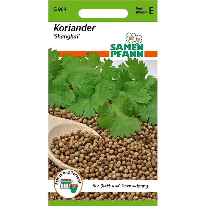 Samen Pfann Saatgut Koriander, Shanghai - Coriandrum sativum, 1,6 g - Samenpfann Koriander 'Shanghai' Samenpackung mit Blättern und Samen, für Balkon und Blatt-/Kornernte.