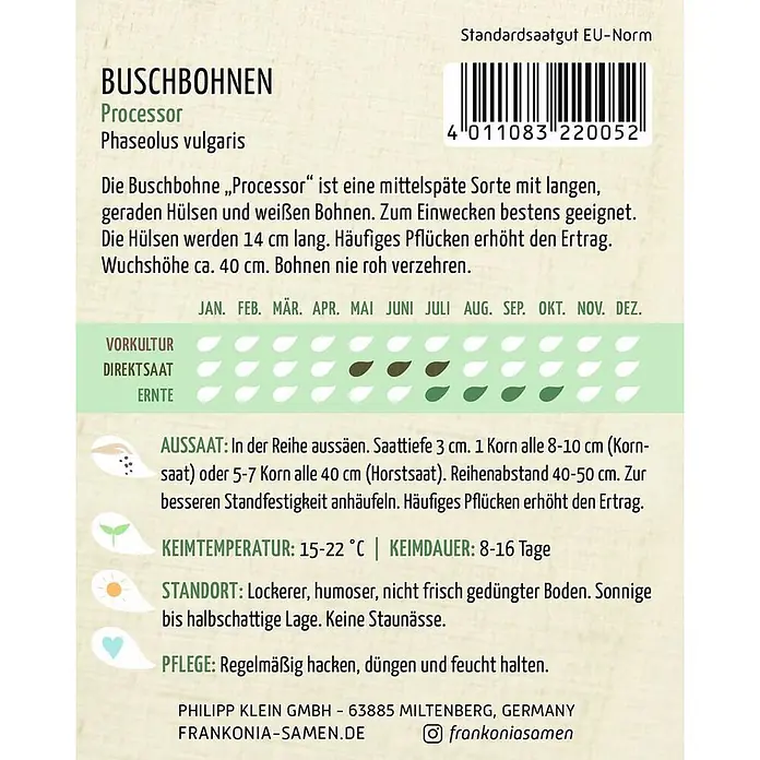 Frankonia Samen Saatgut Buschbohne, Processor - Phaseolus vulgaris, 5,67 g - Samenpackung für Buschbohnen 'Processor' mit ausführlichen Anbau- und Pflegeanweisungen.