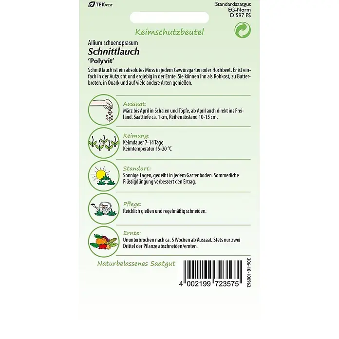 Samen Pfann Saatgut Schnittlauch, Polyvit - Allium schoenoprasum - Samentüte für Schnittlauch (Allium schoenoprasum 'Polyvit') mit Pflanzanleitung und Barcode.