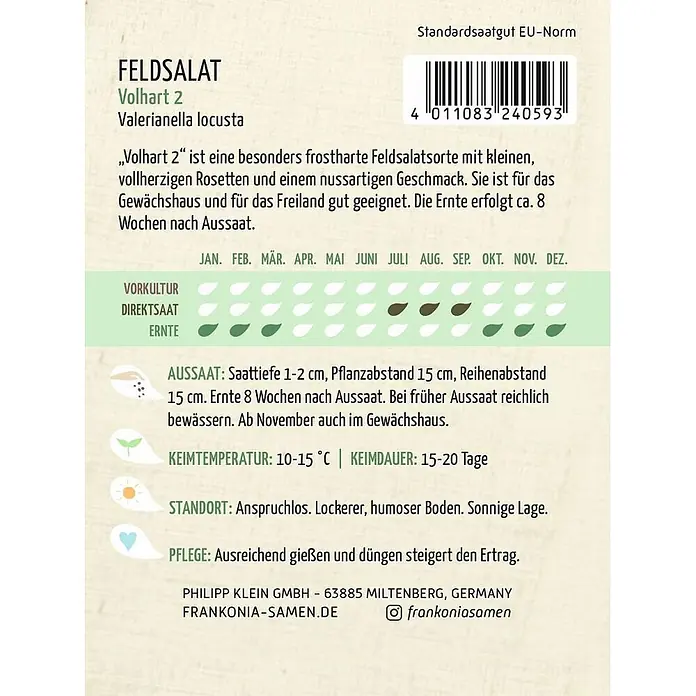 Frankonia Samen Saatgut Feldsalat, Dunkelgrüner Vollherziger Großp. - Valerianella locusta, 3,17 g - Samentüte für Feldsalat Volhart 2 mit Pflanzinformationen und Barcode.