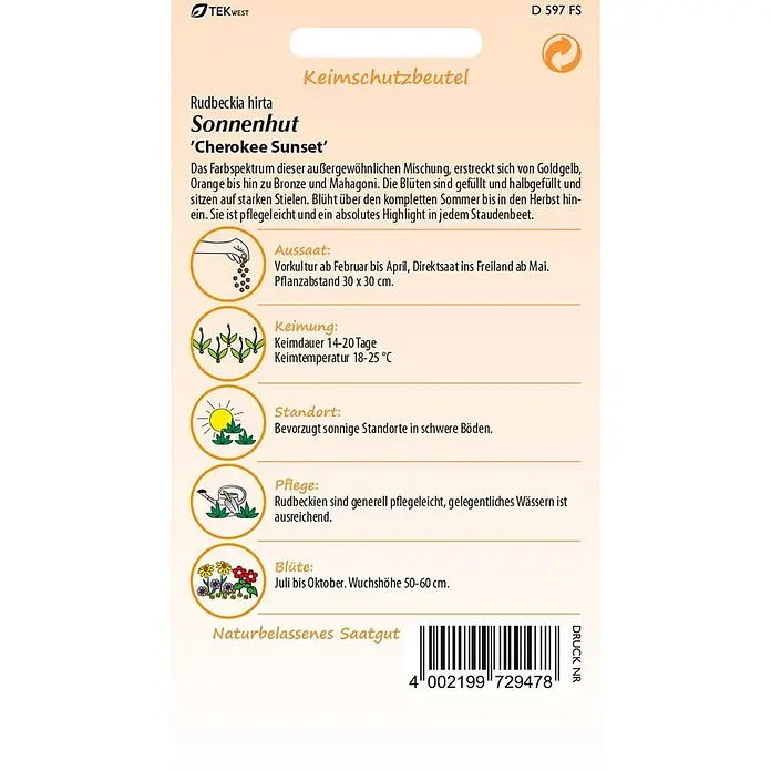 Samen Pfann Saatgut Sonnenhut, Cherokee Sunset - Rudbeckia hirta, 1,6 g - Informationen auf einer Saattüte für Rudbeckia hirta 'Cherokee Sunset' Sonnenhut. Enthält Details zu Aussaat, Pflege und Blüte.