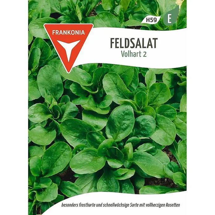 Frankonia Samen Saatgut Feldsalat, Dunkelgrüner Vollherziger Großp. - Valerianella locusta, 3,17 g - Saatguttüte für 'Feldsalat Volhart 2' mit grünen Pflanzen und Beschreibung einer frostharten, schnellwüchsigen Sorte.