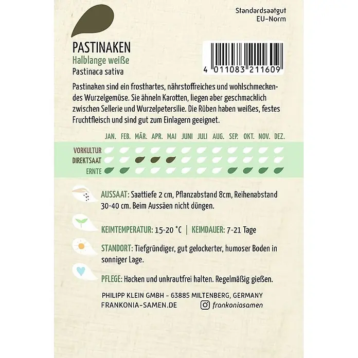 Frankonia Samen Saatgut Pastinaken, Halblange weiße - Pastinaca sativa, 1,53 g - Samentüte für 'Halblange weiße' Pastinaken mit Anbauinformationen.