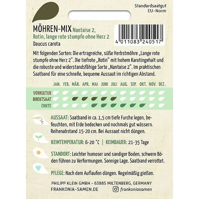 Frankonia Samen Saatgut Möhren-Mix, Saatband - Daucus carota, 2,27 g - Samenpackung für 'Möhren-Mix' mit Sortenbeschreibungen 'Nantaise 2' und 'Rotin' sowie Pflanzanweisungen.