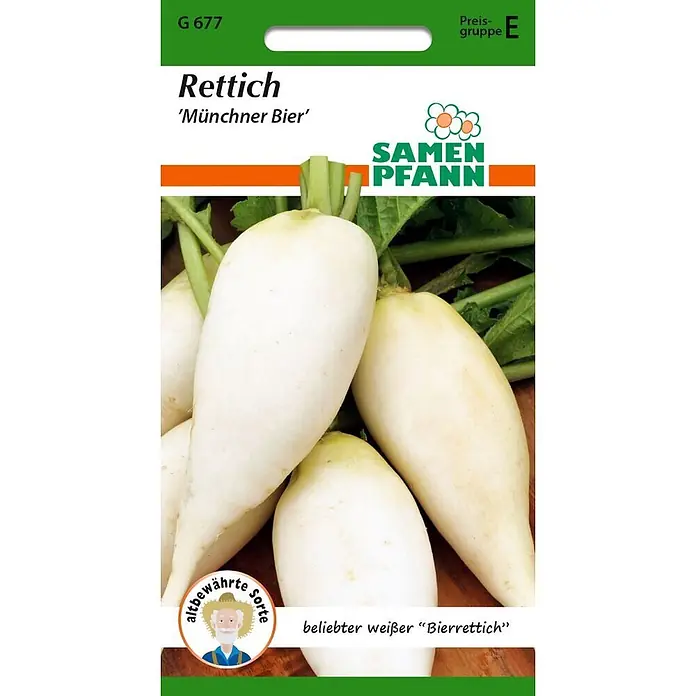 Samen Pfann Saatgut Rettich, Münchner Bier - Raphanus sativus - Samenpäckchen für weißen 'Münchner Bier' Rettich, mit mehreren langen, weißen Rettichen.