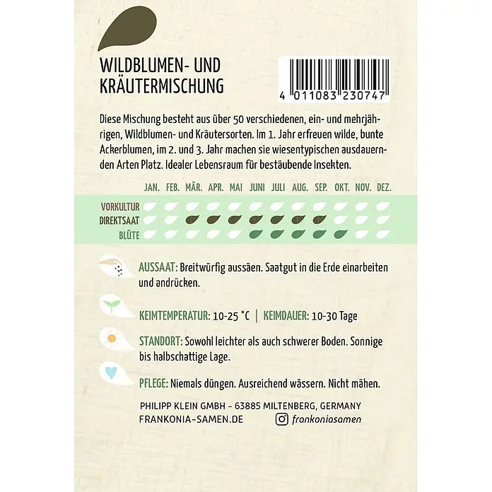 Frankonia Samen Saatgut Wildblumen- und Kräutermischung - 1,73 g - Samenpäckchen: Wildblumen- & Kräutermischung mit Anzuchtanleitung und Barcode.