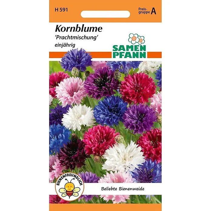 Samen Pfann Saatgut Kornblume, gefüllte Mischung - Centaurea cyanus, 1,6 g - Samenpackung Kornblume Prachtmischung. Zeigt bunte einjährige Blüten, bienenfreundlich.