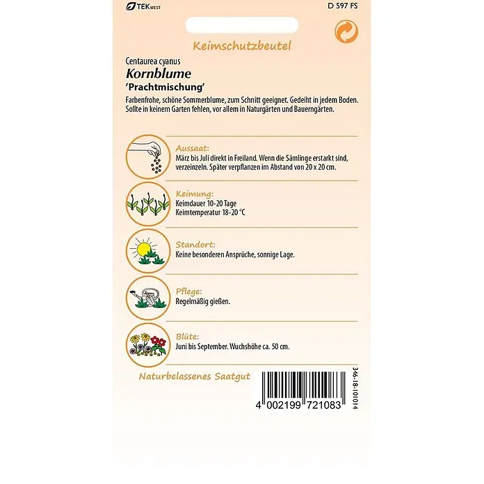 Samen Pfann Saatgut Kornblume, gefüllte Mischung - Centaurea cyanus, 1,6 g - Samenpackung für Kornblume mit Aussaatanleitung und Barcode.