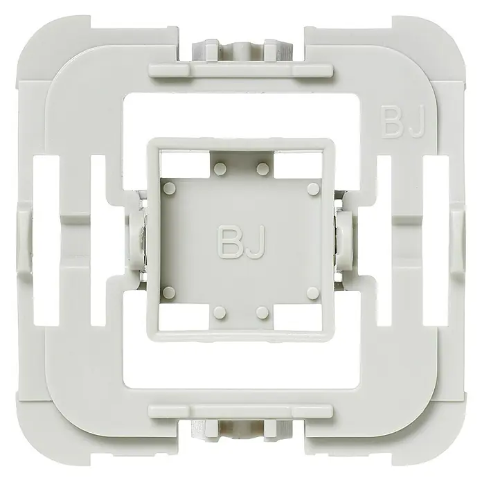 Homematic IP Adapter EQ3-ADA-BJ - 1 Stk., Passend für: Busch-Jäger Schalter Duro 2000 SI+SI Linear/Reflex SI+SI Linear/Future Linear/Axcent/Alpha/Carat/Solo - Nahaufnahme einer weißen BJ-Montageplatte, die ein präzises und sicheres Anbringen von Geräten und Komponenten ermöglicht.