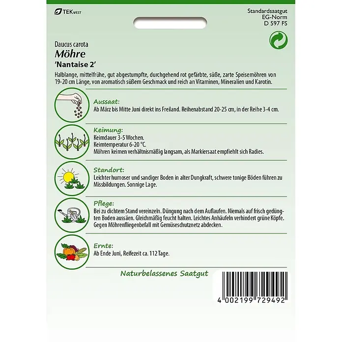 Samen Pfann Saatgut Möhre, Nantaise 2 - Daucus carota - Samenpackung für Möhren 'Nantaise 2' mit Anbauanleitung, Sortenbeschreibung und Barcode.