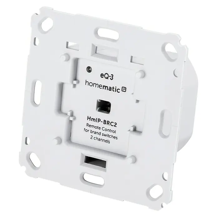 Homematic IP Funk-Wandtaster HmIP-BRC2 - 2-fach, Unterputz, 230 V, 37 x 71 x 71 mm - Nahaufnahme der Rückseite eines Homematic IP Wandschalters zur Steuerung von Smart-Home-Geräten.
