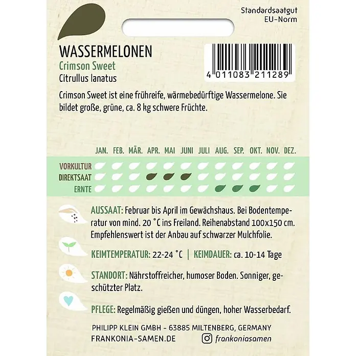 Frankonia Samen Saatgut Wassermelone, Crimson Sweet - Citrullus lanatus - Samenpäckchen für Wassermelone 'Crimson Sweet' mit Produktinformationen und Barcode.