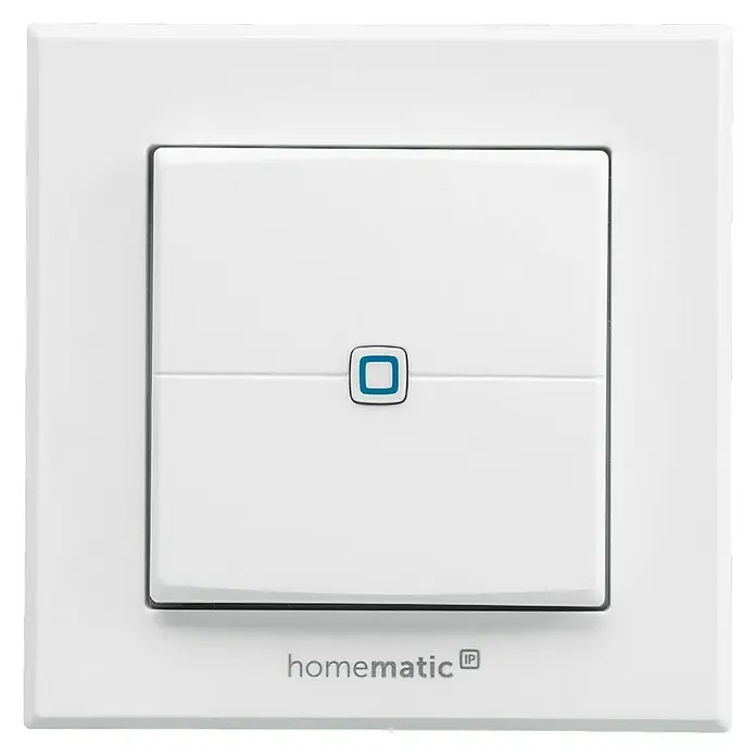 Homematic IP Funk-Wandtaster HmIP-WRC2 - 2-fach, Batteriebetrieben, Weiß, 19 x 86 x 86 mm - Nahaufnahme eines Homematic IP Wandschalters, der intelligente Steuerung und modernes Design in einem bietet.