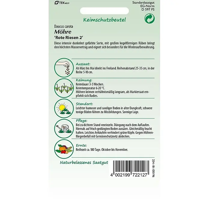 Samen Pfann Saatgut Möhre, Rote Riesen 2 - Daucus carota - Tekwest Samenpackung für Möhren 'Rote Riesen 2' mit Aussaat- und Pflegehinweisen.