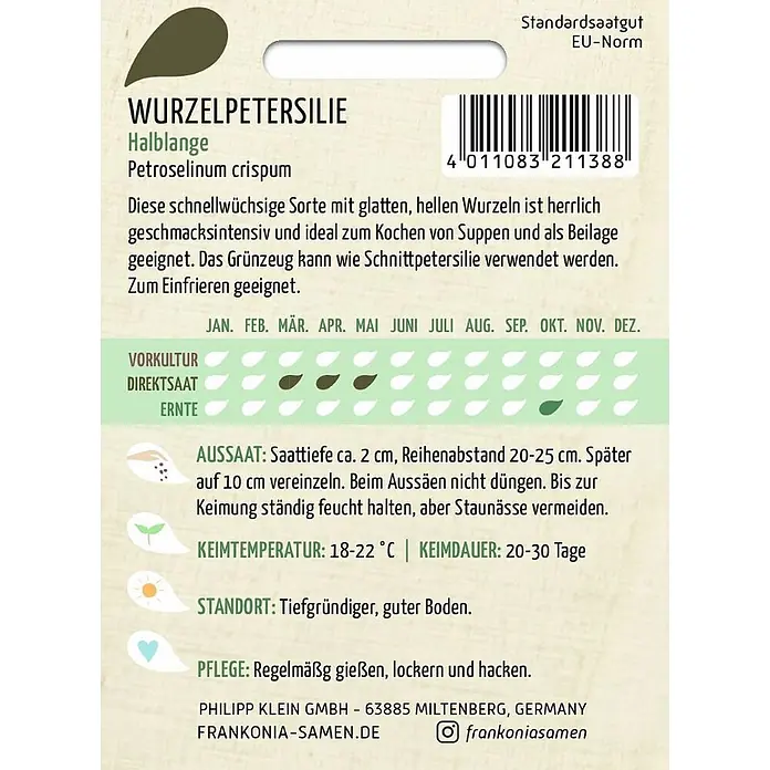 Frankonia Samen Saatgut Wurzelpetersilie, Halblange - Petroselinum crispum, 1,68 g - Samenpackung für 'Wurzelpetersilie Halblange' mit Pflanzanleitung, Kalender und Barcode.