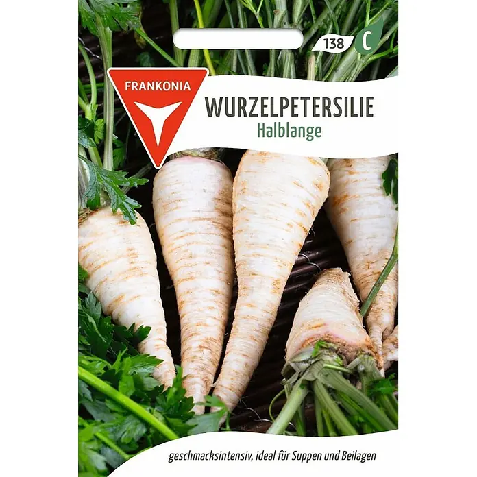 Frankonia Samen Saatgut Wurzelpetersilie, Halblange - Petroselinum crispum, 1,68 g - Mehrere weiße, konische 'Halblange' Wurzelpetersilien mit grünen Blättern.