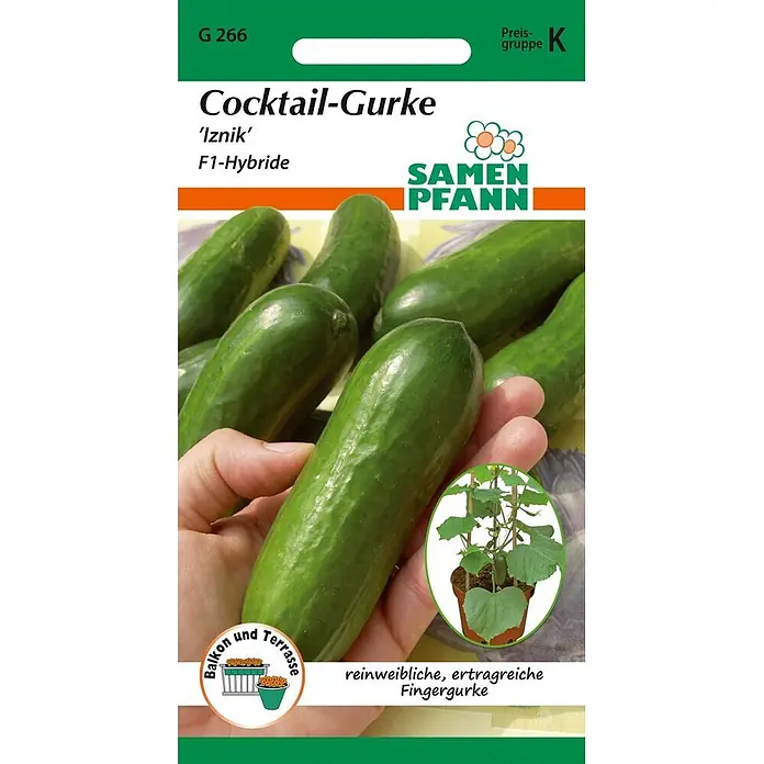 Samen Pfann Saatgut Cocktail-Gurke, Iznik F1 (Rocky) - Cucumis sativus, 1,6 g - Grün-weißes Samen Pfann Samentütchen für 'Iznik' F1-Hybride Cocktailgurken, mit Bildern von Gurken und einer Pflanze.