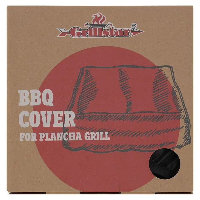 Grillstar Grill-Schutzhülle Plancha - Passend für: Grillstar Plancha-Grill, Kunststoff - Brauner Karton für eine schwarze Grillstar BBQ-Abdeckung für Plancha-Grills, mit Produktdetails und Stoffmuster.