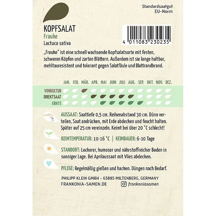 Frankonia Samen Saatgut Kopfsalat, Frauke - Lactuca sativa, 1,48 g - Samenpackung für Kopfsalat 'Frauke' mit Produktinformationen, Barcode und Pflanzanleitung.