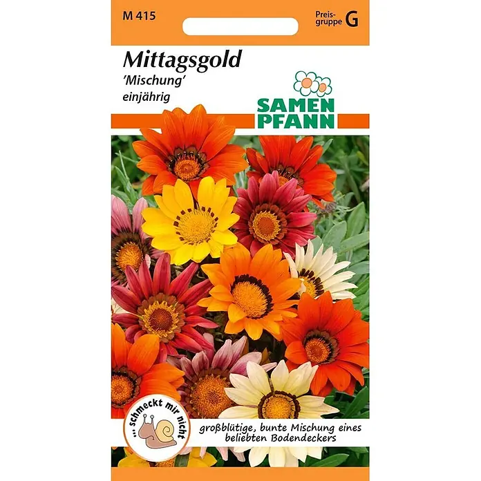 Samen Pfann Saatgut Mittagsgold (Gazania), Mischung - Gazania splendens, 1,6 g - Samen Pfann 'Mittagsgold' Gazania Samenpäckchen mit bunter Mischung großblütiger Einjähriger und Schnecken-Symbol.