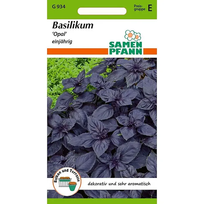 Samen Pfann Saatgut Basilikum, rot - Ocimum basilicum, 1,6 g - Samenpaket für Basilikum 'Opal', eine jährliche dunkelviolette Basilikumpflanze für Balkon und Terrasse.