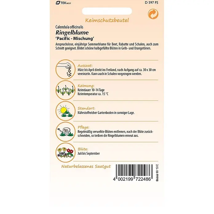 Samen Pfann Saatgut Ringelblume, Mischung - Calendula officinalis, 1,6 g - Samenpackung für Ringelblume 'Pacific - Mischung' mit Pflanzanleitung und Produktdetails.