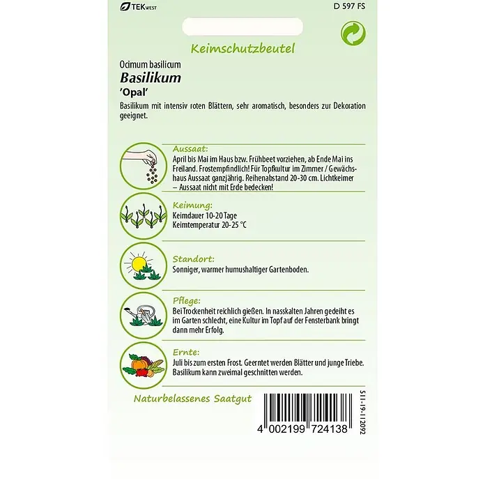 Samen Pfann Saatgut Basilikum, rot - Ocimum basilicum, 1,6 g - Saatguttüte für Basilikum 'Opal' mit Anbauanweisungen und Barcode.