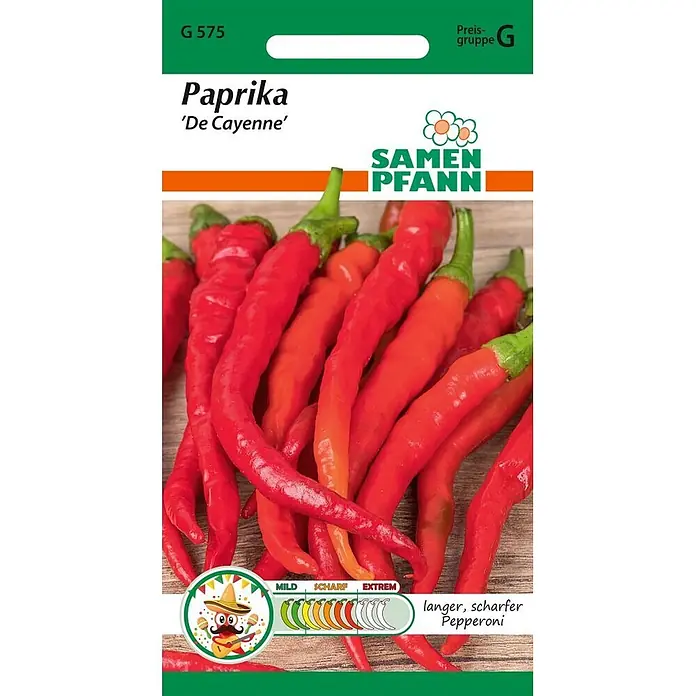Samen Pfann Saatgut Paprika, De Cayenne - Capsicum annuum, 1,6 g - Samenpackung für Paprika 'De Cayenne' mit roten und orangen Peperoni, inklusive Schärfegrad.