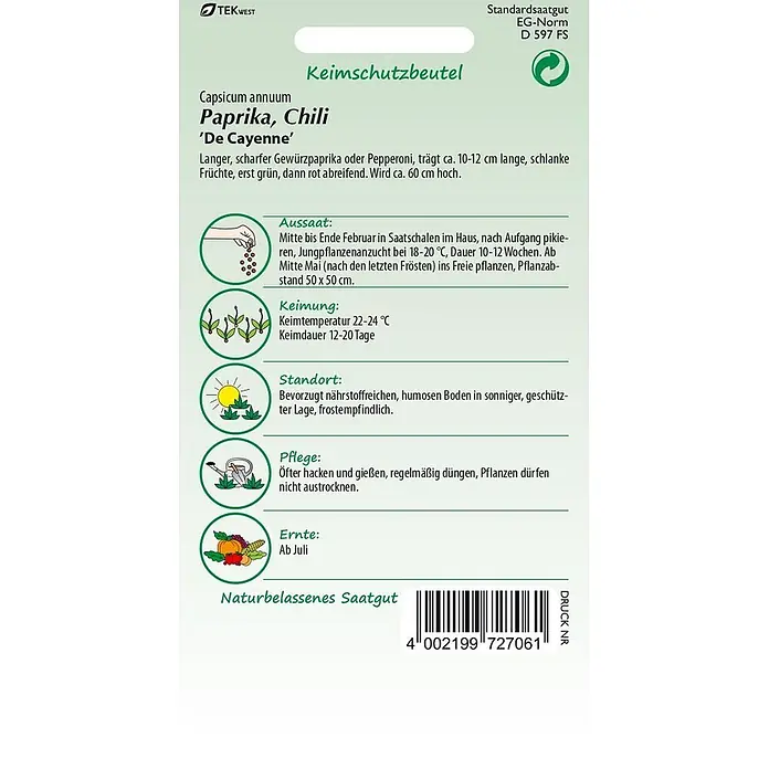 Samen Pfann Saatgut Paprika, De Cayenne - Capsicum annuum, 1,6 g - Samenpäckchen für Paprika, Chili 'De Cayenne' mit Anbauanleitung und Barcode.