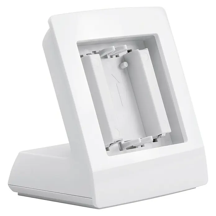 Homematic IP Halterung Tischaufsteller HmIP-DS55 - Batteriebetrieben, 7,9 x 9 x 6,7 cm, Weiß - Eine weiße Ladestation mit Platz für zwei Batterien, ideal zum Aufladen von Akkus für verschiedene Geräte.