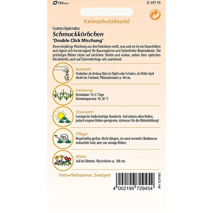 Samen Pfann Saatgut Schmuckkörbchen, Double Click Mix - Cosmos bipinnatus, 1,6 g - Samenpackung für Cosmos bipinnatus 'Double Click Mischung' mit detaillierten Anbauanweisungen und Barcode.