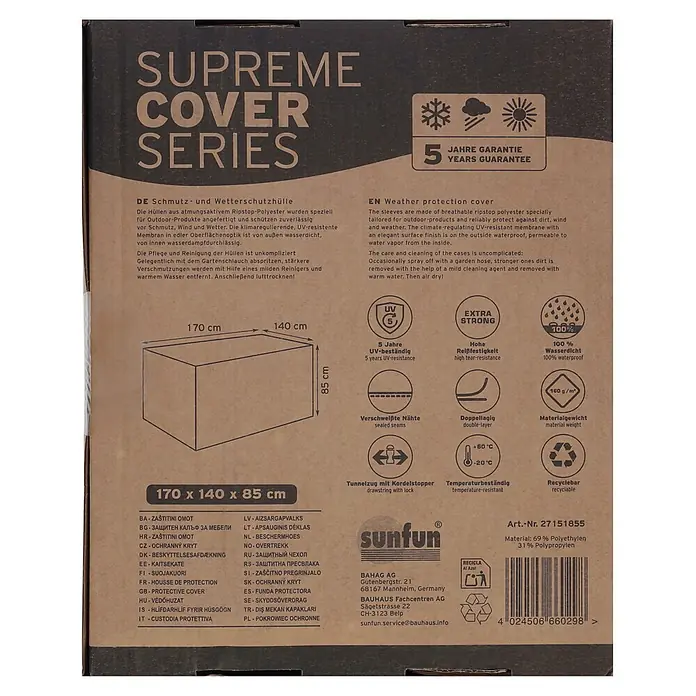 Sunfun Sitzgruppen-Schutzhülle S - L x B x H: 170 x 140 x 85 cm, Polyester, 160 g/m², Schwarz/Anthrazit - Verpackung einer SUPREME COVER SERIES Schutzhülle aus Polyethylen und Polypropylen, Maße 170x140x85 cm.