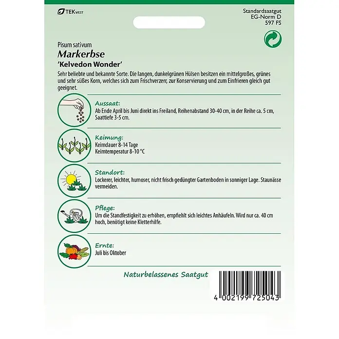 Samen Pfann Saatgut Markerbse, Wunder von Kelvedon - Pisum sativum, 6,2 g - Samenpackung für Markerbsen 'Kelvedon Wonder' mit Pflanzanleitung und Barcode.