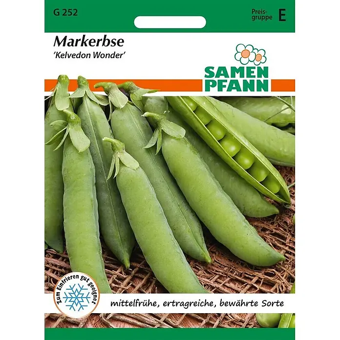 Samen Pfann Saatgut Markerbse, Wunder von Kelvedon - Pisum sativum, 6,2 g - Samenpackung für grüne Markerbsen 'Kelvedon Wonder' mit abgebildeten Schoten.