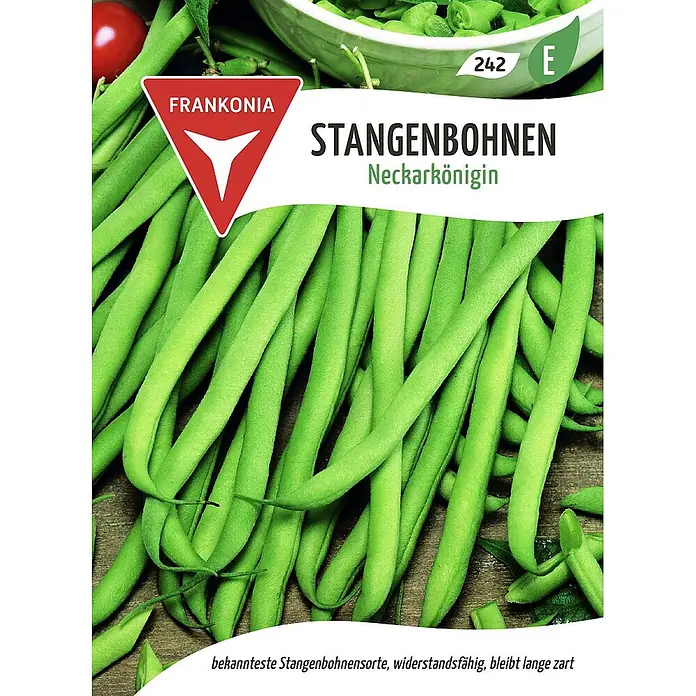 Frankonia Samen Saatgut Stangenbohne, Neckarkönigin - Phaseolus vulgaris, 5,67 g - Stapel frischer, langer grüner Stangenbohnen mit Samenpaketinformationen.