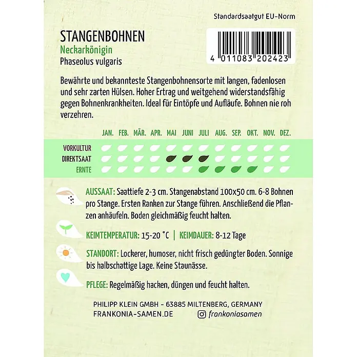 Frankonia Samen Saatgut Stangenbohne, Neckarkönigin - Phaseolus vulgaris, 5,67 g - Samenpackung für Stangenbohnen 'Neckarkönigin' mit Pflanzanleitung und Sortenbeschreibung.