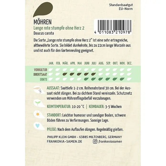 Frankonia Samen Saatgut Möhre, Lange rote stumpfe ohne Herz 2 - Daucus carota, 1,58 g - Karottensamentüte der Sorte 'Lange rote stumpfe ohne Herz 2' mit Aussaat- und Pflegeanleitung.
