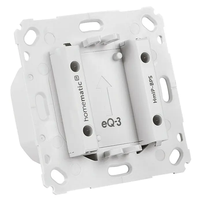 Homematic IP Netzteil HmIP-BPS-2 - Netzspannung: 230 V - Nahaufnahme der Rückseite eines Homematic IP-Wandschalters HmIP-BPS EQ-3, der für Smart-Home-Systeme entwickelt wurde.