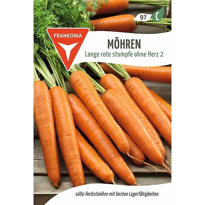 Frankonia Samen Saatgut Möhre, Lange rote stumpfe ohne Herz 2 - Daucus carota, 1,58 g - Haufen frischer oranger Möhren mit grünem Laub. Eine süße Herbstmöhre mit besten Lagerfähigkeiten.
