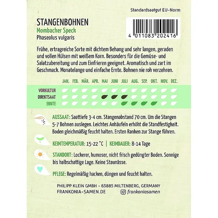 Frankonia Samen Saatgut Stangenbohne, Mombacher Speck - Phaseolus vulgaris, 5,67 g - Samentüte für Stangenbohnen 'Mombacher Speck' mit Sortenname, Barcode und detaillierten Pflanzanweisungen.