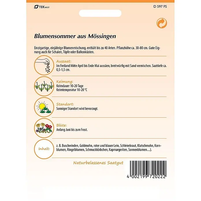 Samen Pfann Saatgut Blumensommer aus Mössingen - 3,2 g - Samentüte für eine 'Blumensommer aus Mössingen' Mischung, mit Aussaatanleitung und Blumenartenliste.