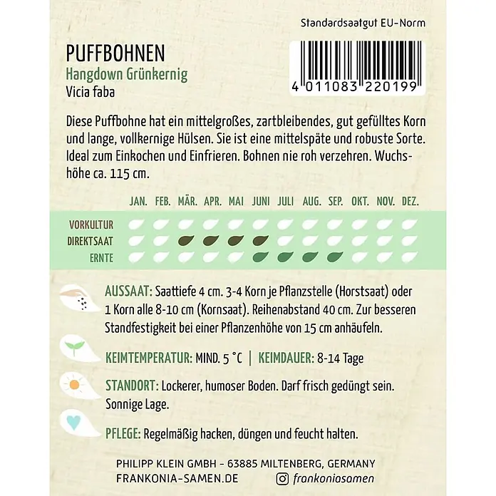 Frankonia Samen Saatgut Puffbohne, Hangdown Grünkernig - Vicia faba, 5,67 g - Samenpackung für Puffbohnen 'Hangdown Grünkernig' mit Anbauanleitung und Barcode.