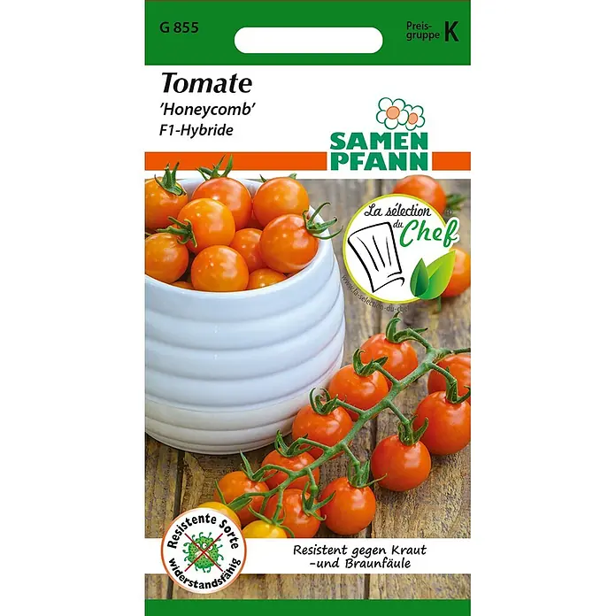 Samen Pfann Saatgut Tomate, Honeycomb F1 - Solanum lycopersicum, 1,6 g - Grün-weiße Samenpackung für 'Honeycomb' F1-Hybrid Tomaten, mit leuchtend orangefarbenen Kirschtomaten in einer Schale und an der Ranke.