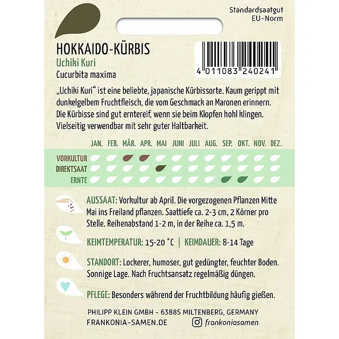 Frankonia Samen Saatgut Hokkaido Kürbis, Uchiki Kuri - Cucurbita maxima, 1,63 g - Samenpäckchen für Hokkaido-Kürbis mit Pflanzanleitung und Sortendetails.